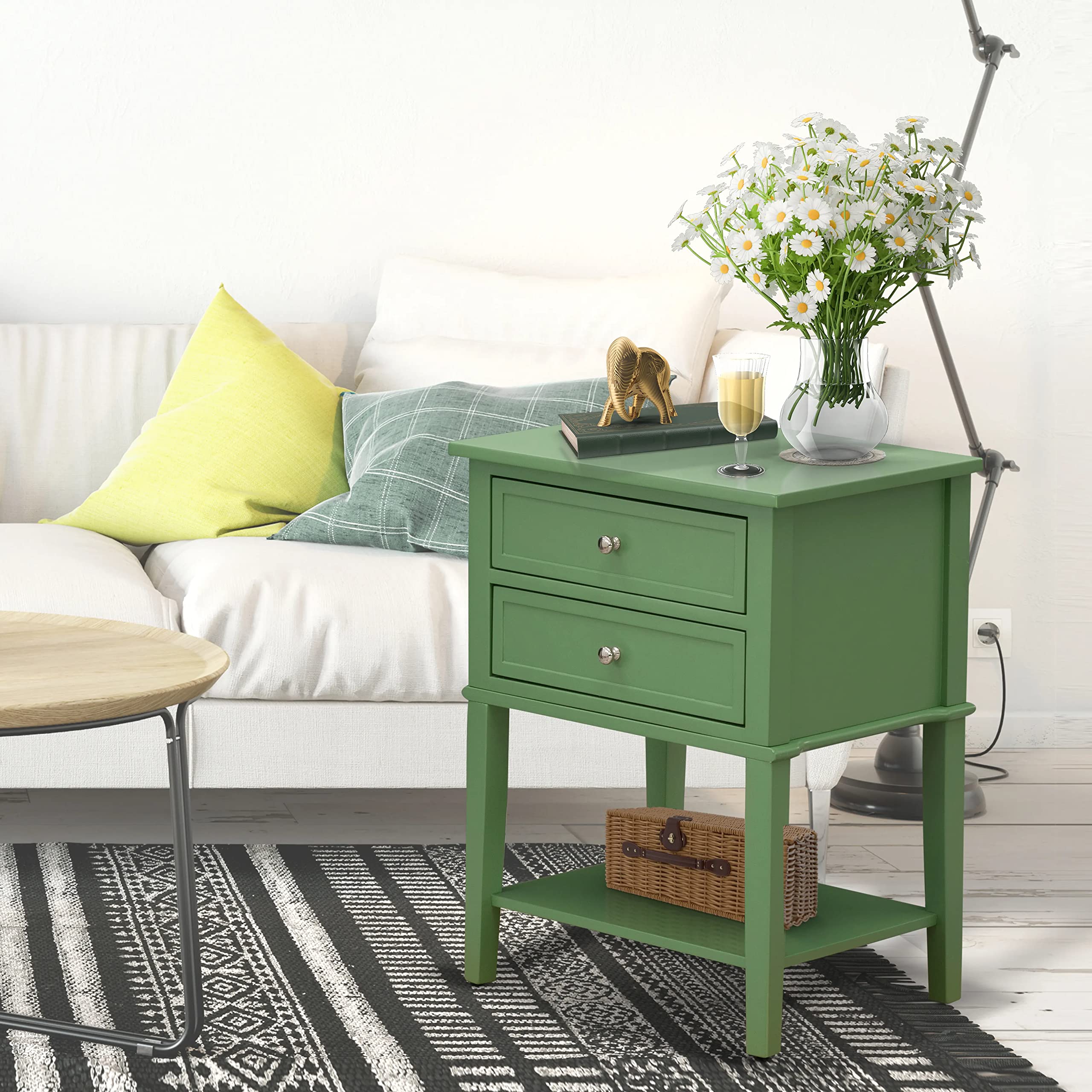 East West Furniture VL-12-ET Valencia Night Stand - Rectangle End Table with 2 Drawers for Bedroom, 16x22 Inch Inch, Clover Green